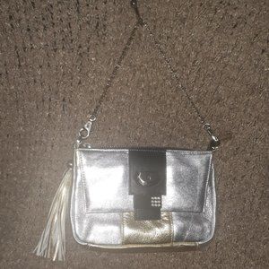UGO SANTINI-Silver/Gold/Black w/Crystals/Fringe Zip/Chain Strap Bag/Clutch-NWOT